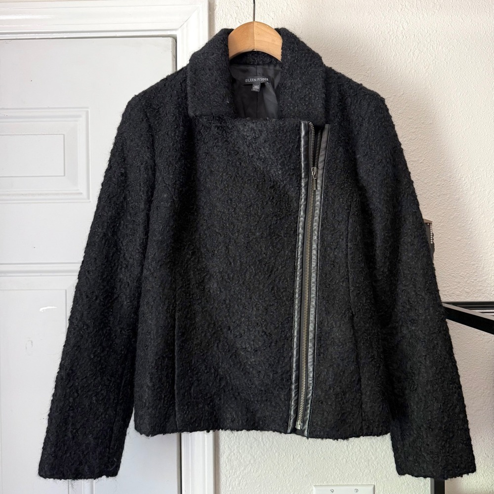 EILEEN FISHER black alpaca wool fuzzy shearling motorcycle biker zip full jacket